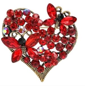 Red Rhinestone Crystal Heart Love Brooch Pin with Butterfly Accents
